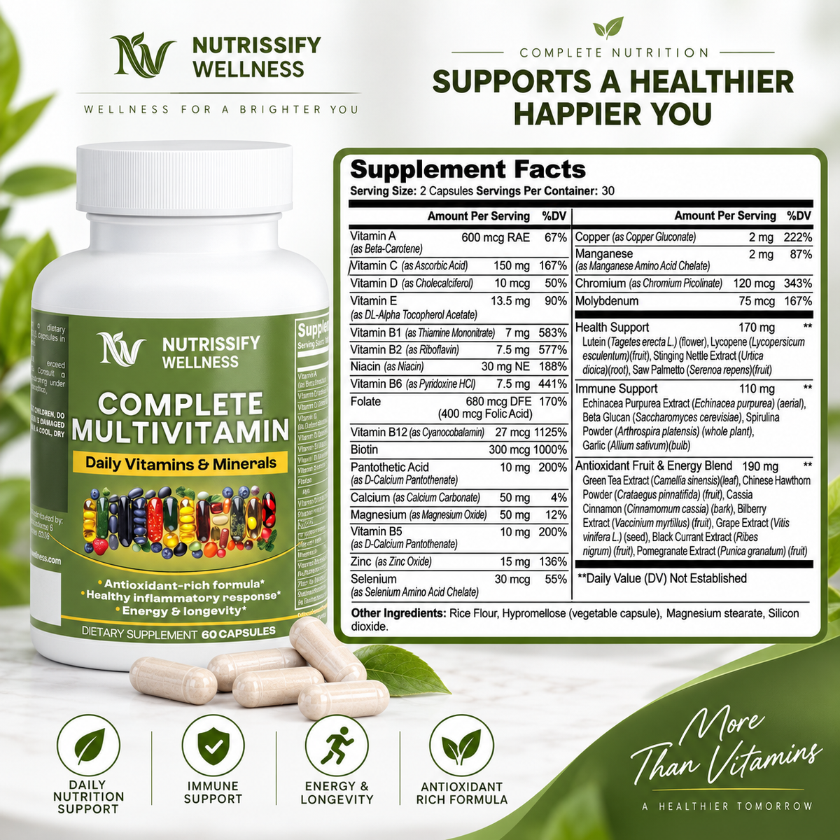 Nutrissify Wellness Complete Daily Multivitamin for Whole-Body Support – 60 Capsules