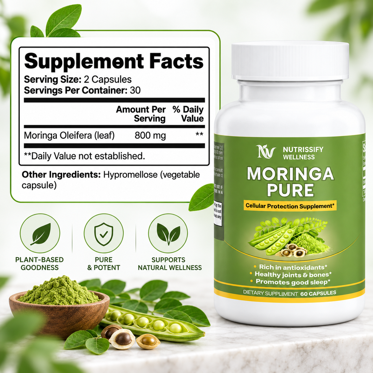 Nutrissify Wellness Pure Moringa Capsules – Superior Antioxidant Support for Your Daily Wellness