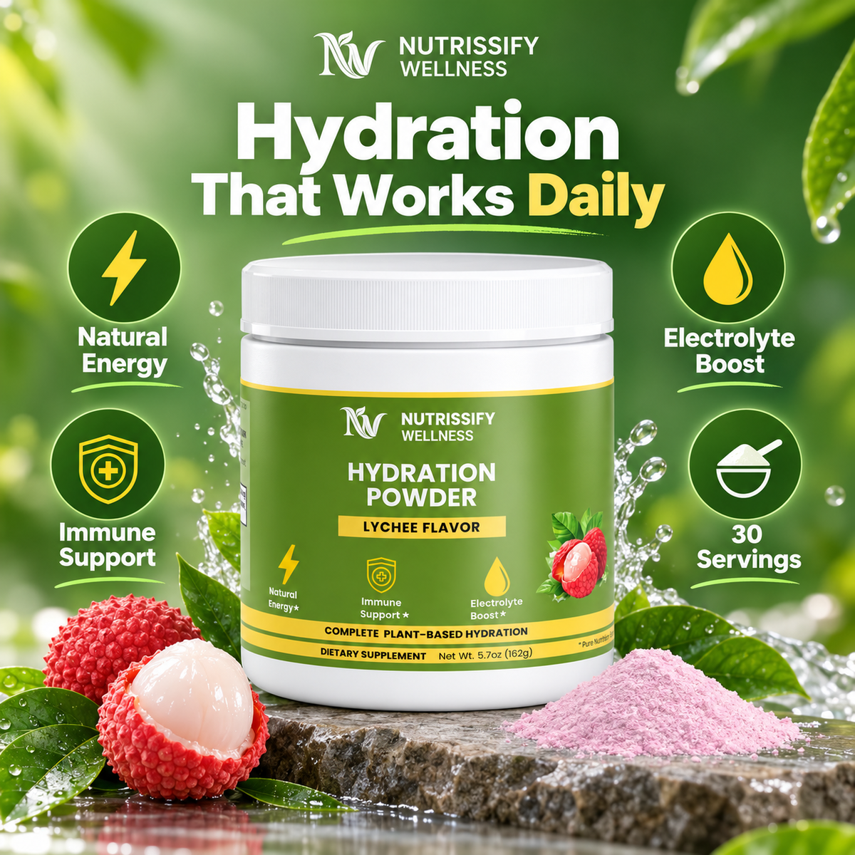Nutrissify Wellness Lychee Electrolyte Hydration Powder - Refreshing Plant-Based Drink Mix