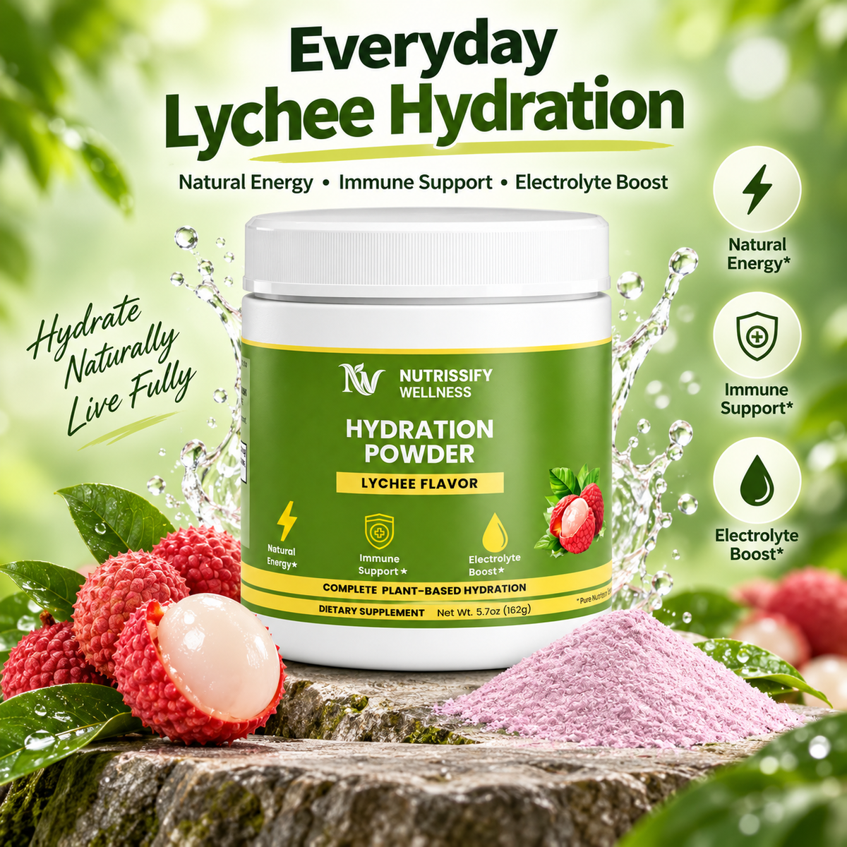 Nutrissify Wellness Lychee Electrolyte Hydration Powder - Refreshing Plant-Based Drink Mix