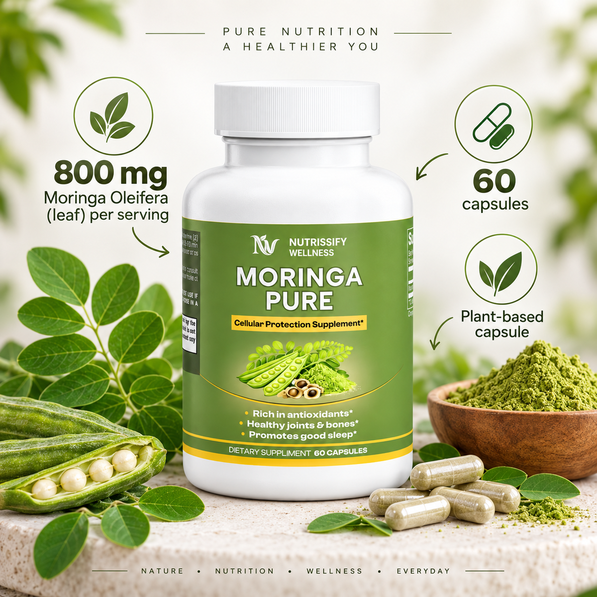 Nutrissify Wellness Pure Moringa Capsules – Superior Antioxidant Support for Your Daily Wellness