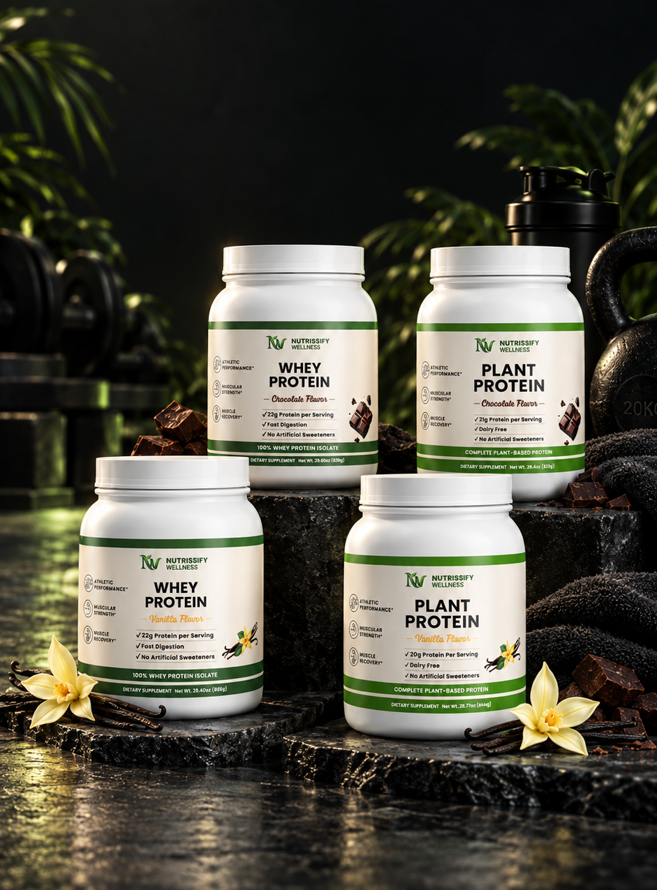 Four white supplement tubs arranged on a dark stone surface with a dark studio background and blurred greenery. Two tubs are labeled Whey Protein and two are labeled Plant Protein, with green and white labels and small vanilla flowers and cinnamon sticks placed around them.