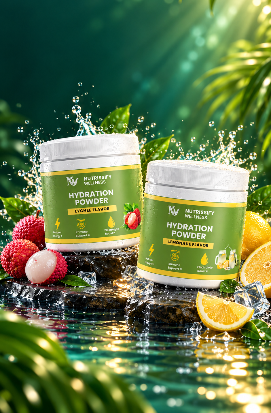 Two white tubs of NutriSassy Hydration Powder in lime and passion fruit flavors, styled in a tropical, refreshing scene with water splashes, ice, lychee fruits, and citrus slices against a lush green background.