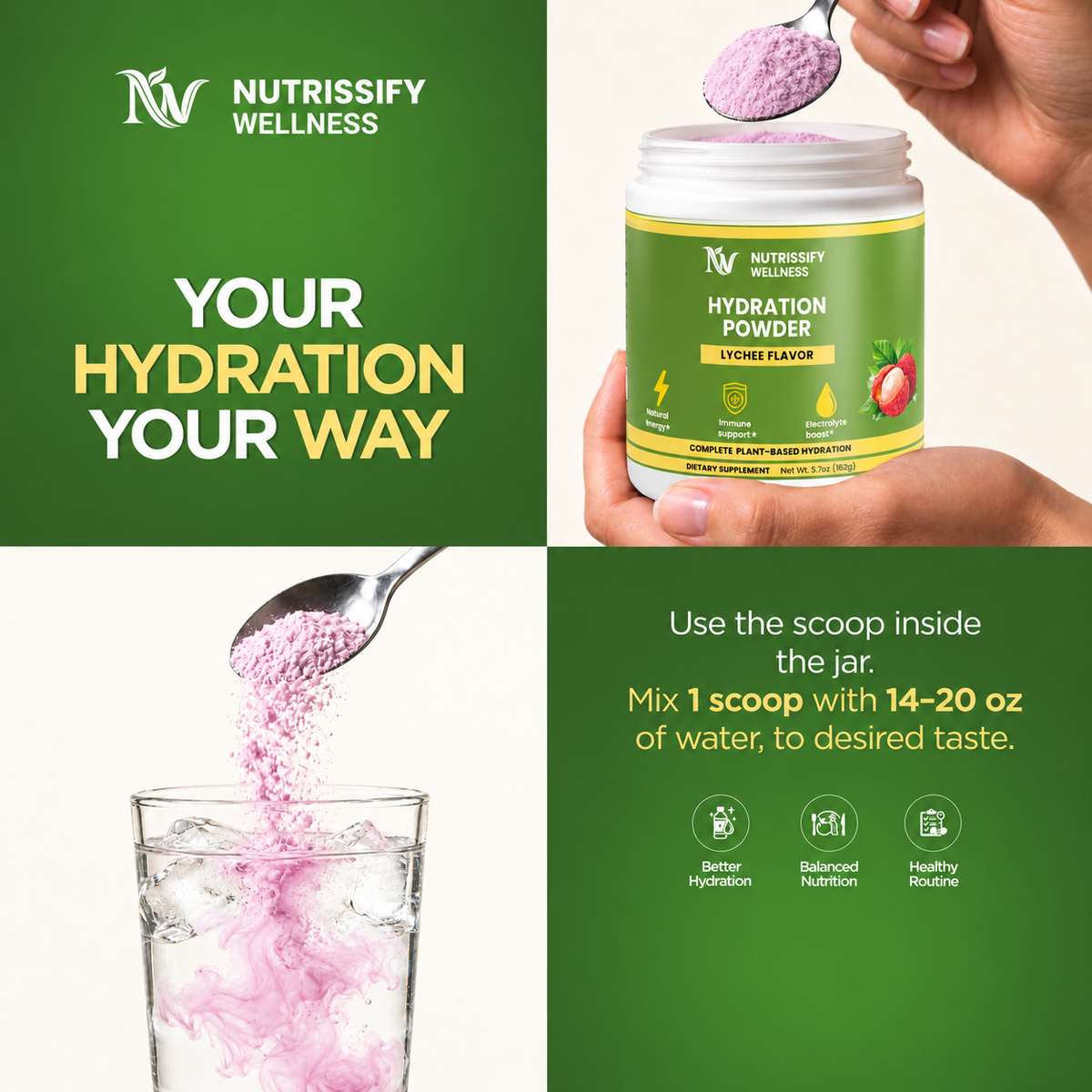 Nutrissify Wellness Lychee Electrolyte Hydration Powder - Refreshing Plant-Based Drink Mix