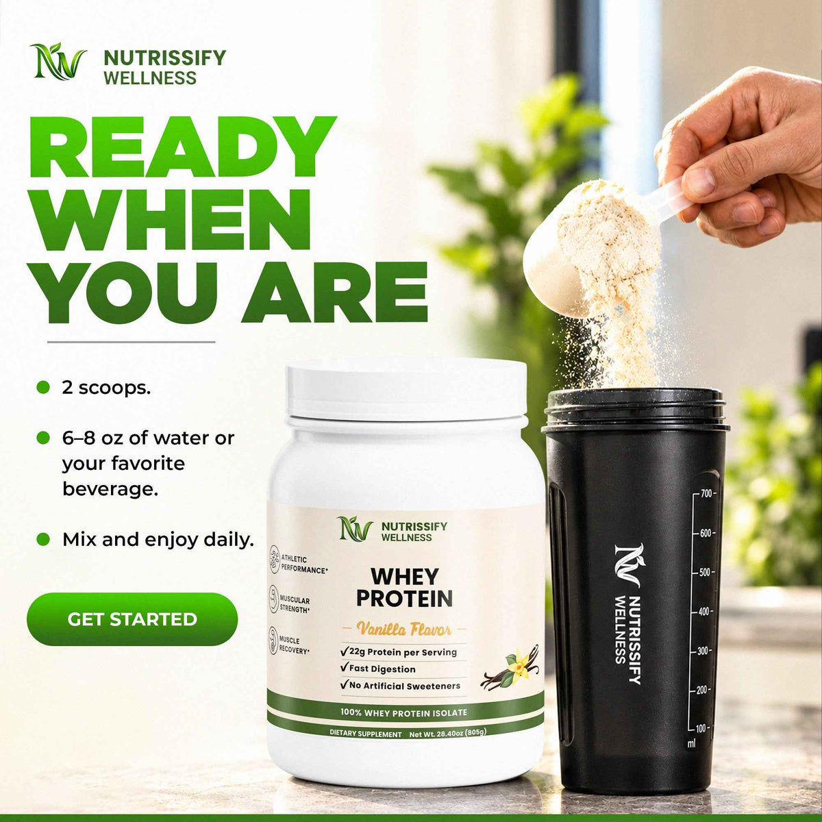 Nutrissify Advanced Whey Protein Isolate – Premium Vanilla Protein, 22g for Optimal Muscle Recovery